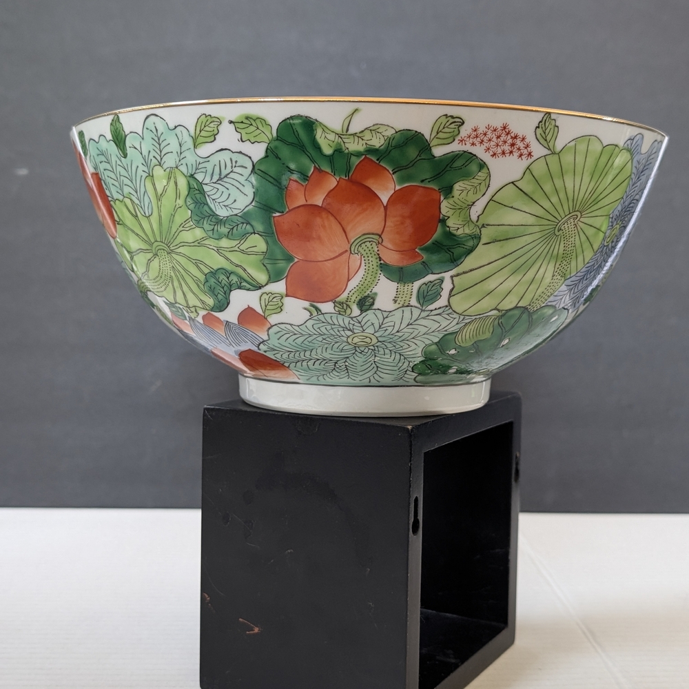 Vintage TFF Japan Porcelain Ware Green Red Lotus Printed Round Bowl - Picture 2 of 8
